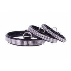 COLLAR Lesklý kožený obojok s kryštálmi, 30-39cm, čierna