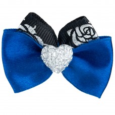 Blovi Bow Glamour, modrá mašľa so strieborným srdiečkom a motívom ruží