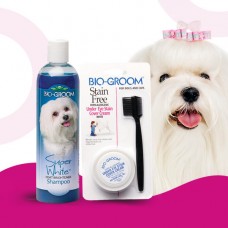 Bio-Groom Stain Free 20g + Super White Shampoo 355ml - sada starostlivosti o biele vlasy, šampón + pasta na pruhy pod očami