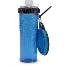 Dexas Snack-Duo Pet Bottle - Dvojkomorová fľaša na jedlo a vodu so silikónovým pohárom - Modrá