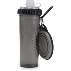 Dexas Snack-Duo Pet Bottle - dvojkomorová fľaša na krmivo a vodu so silikónovým pohárom -Sivá